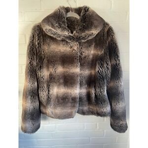 Nine West Women's Faux Fur Jacket Brown Striped Shawl Collar Glam Size Large